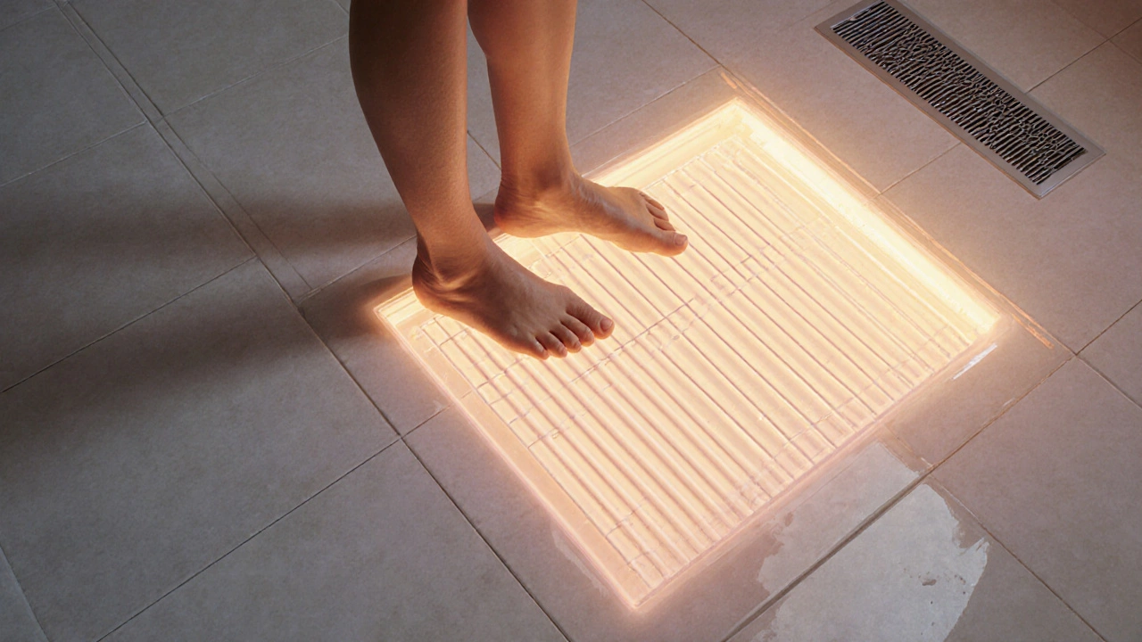 Teplá podlaha v koupelně pod nohama, světlé dlaždice a větrací mřížka na stropě.