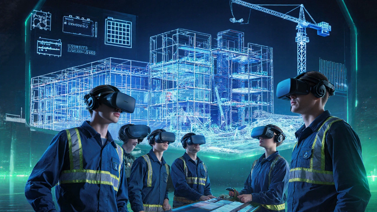 Tým pracující s VR headsetsy při prohlížení 4D simulace rekonstrukce nemocnice v Zlíně.