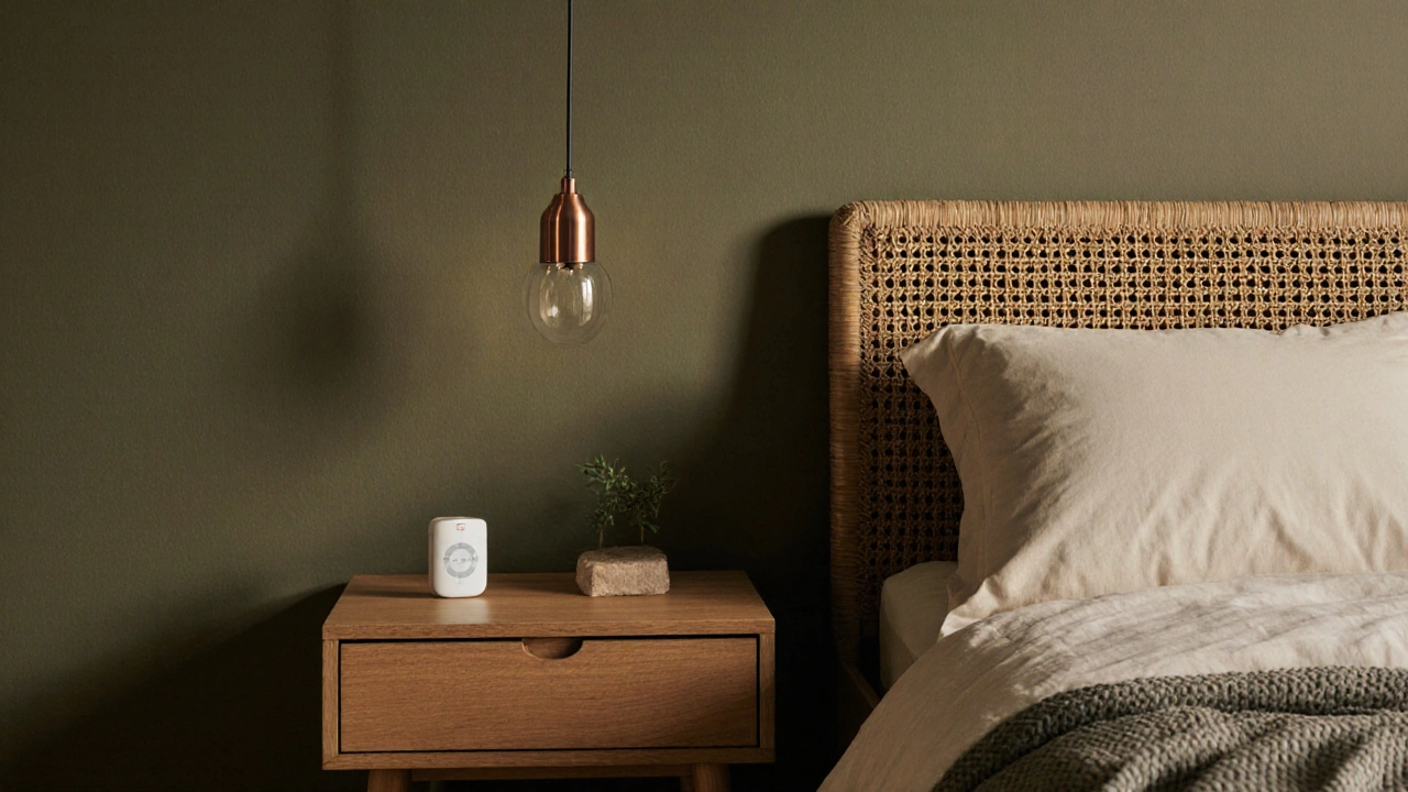 Uklidňující ložnice s přírodními materiály, olivovou barvou a kovovými detaily bez viditelných technologií.