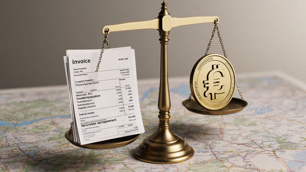 Váha s fakturami na jedné straně a daňovou mincí na druhé, nad mapou České republiky.