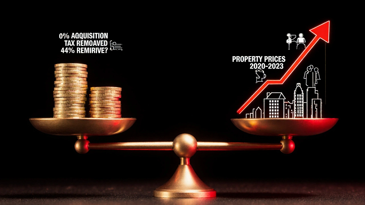 Váha ukazující odstranění daně z nabytí na jedné straně a růst cen nemovitostí na druhé.