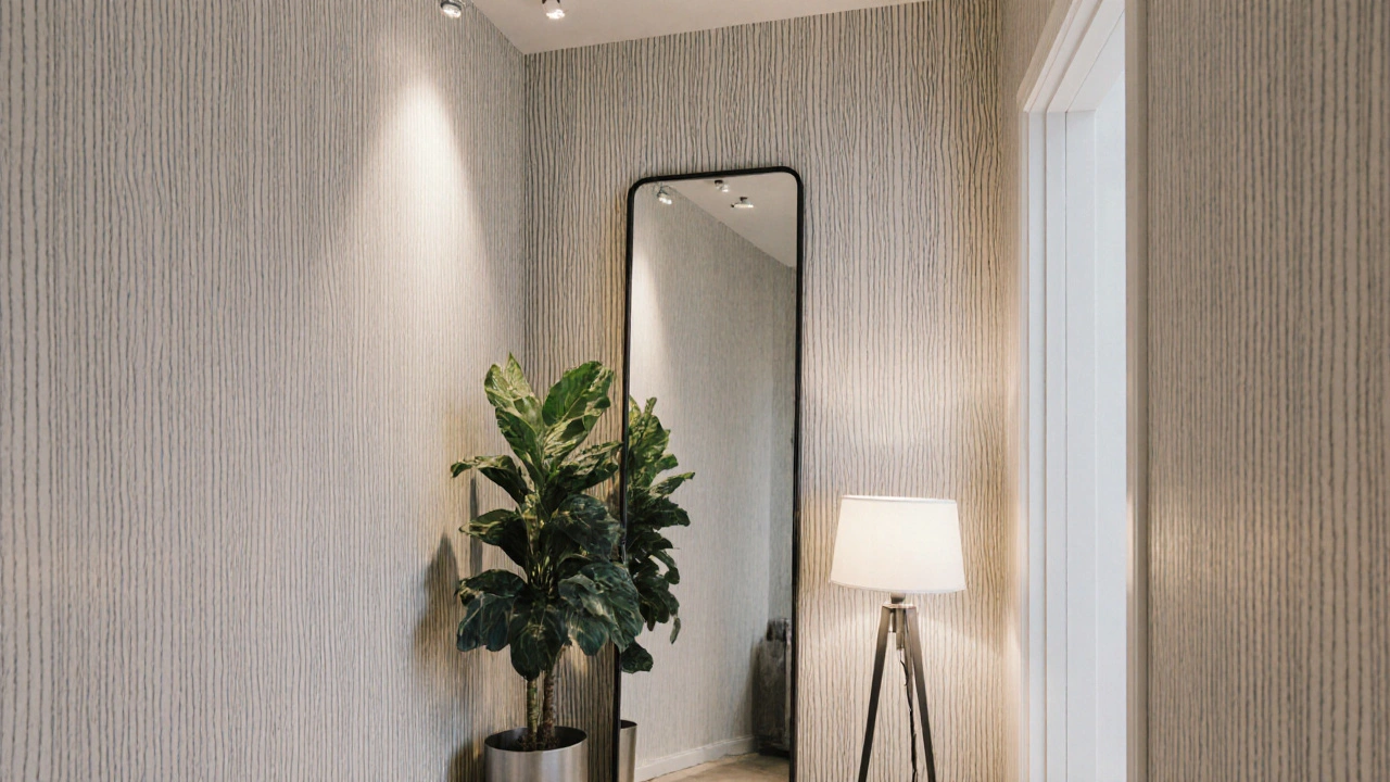 Vysoké zrcadlo a vertikální tapeta v bytě, které opticky snižují výšku stropu.