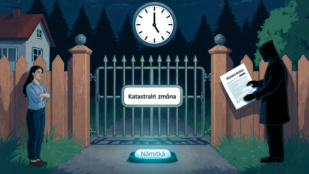 Zamčená hranice pozemku s čítačem 20 dní a možností podat námitku proti převodu.