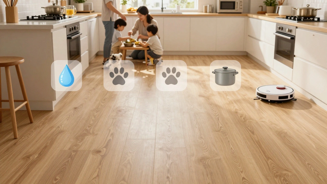 Časová řada kuchyňské podlahy: nová, používaná a po 10 letech — všechny vypadají stejně bez poškození.