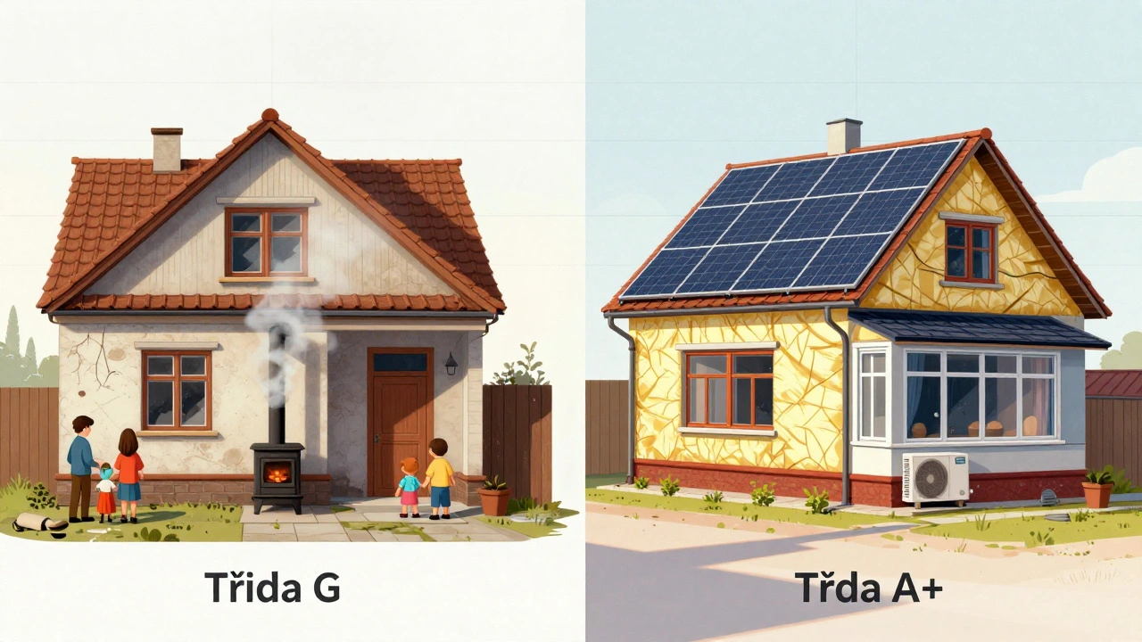 Dvě verze domu: starý s nízkou účinností a modernizovaný s solárními panely a tepelným čerpadlem.
