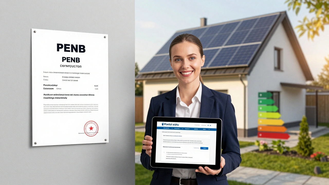 Energetický průkaz budovy na stěně s tabletovým potvrzením elektronického odevzdání.