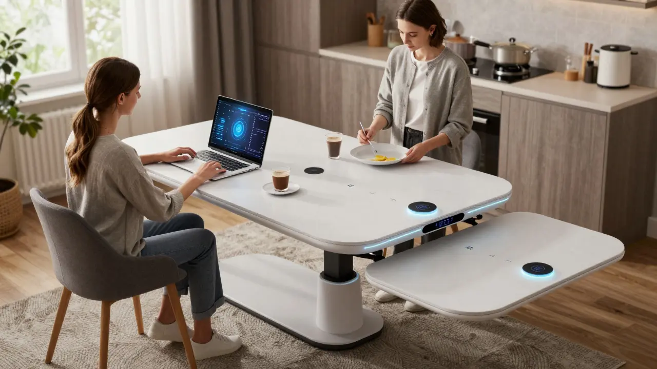 Inteligentní výsuvný stůl s elektrickým nastavením výšky v moderním bytě.