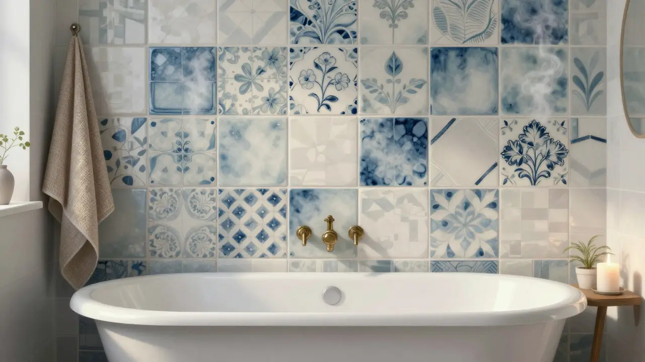 Koupelna s dekorativní stěnou z klasických patchworkových dlaždic a párou.