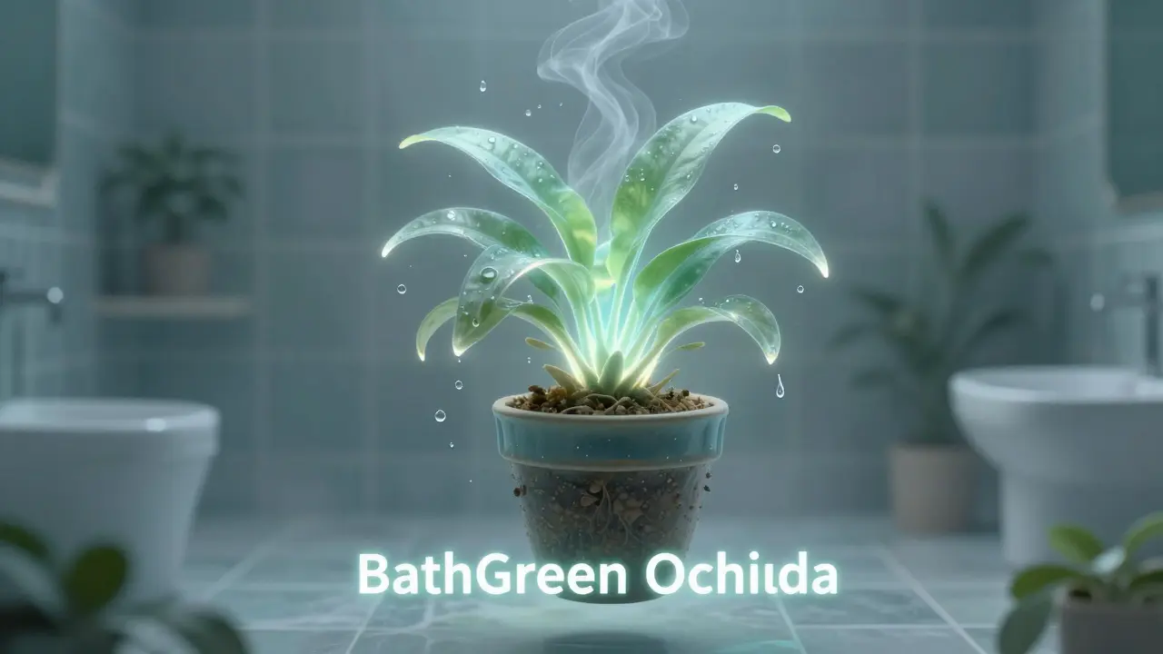 Kouzelná hybridní rostlina BathGreen Orchidea plující v mlze, symbolizující novou koupelnovou řadu rostlin.