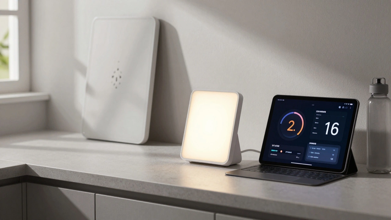 Moderní kuchyně s chytrou zásuvkou monitorující výměnu starého LED panelu za úspornější model.