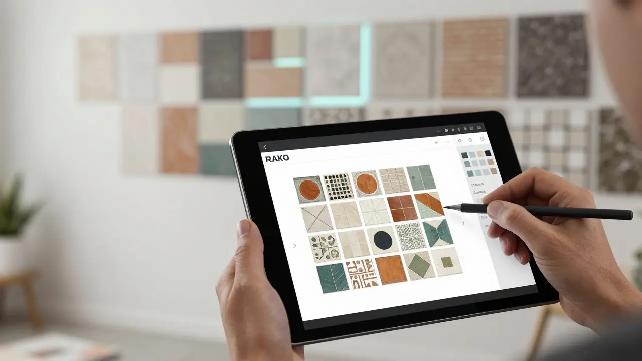 Návrhárna s digitální vizualizací vlastního vzoru patchworkových obkladů.