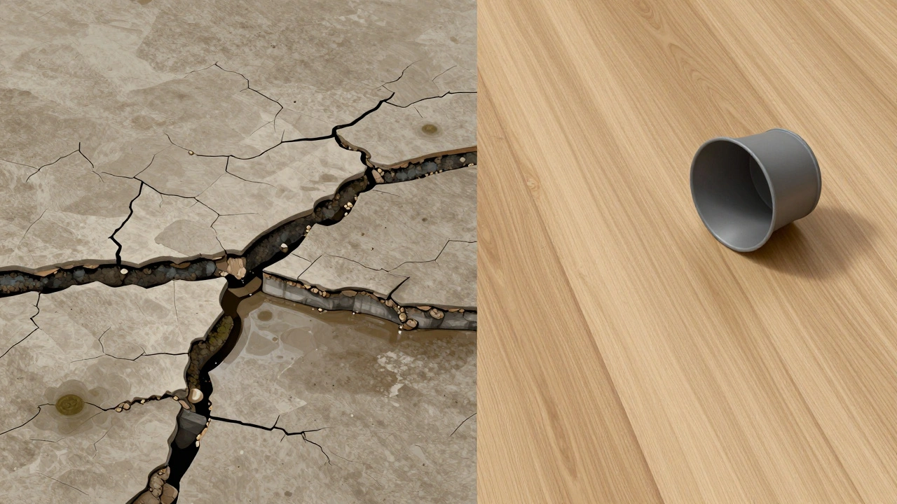 Porovnání poškozené laminátové podlahy s poškozenou vodou a plísní a odolné SPC podlahy bez stopy po hrnci.