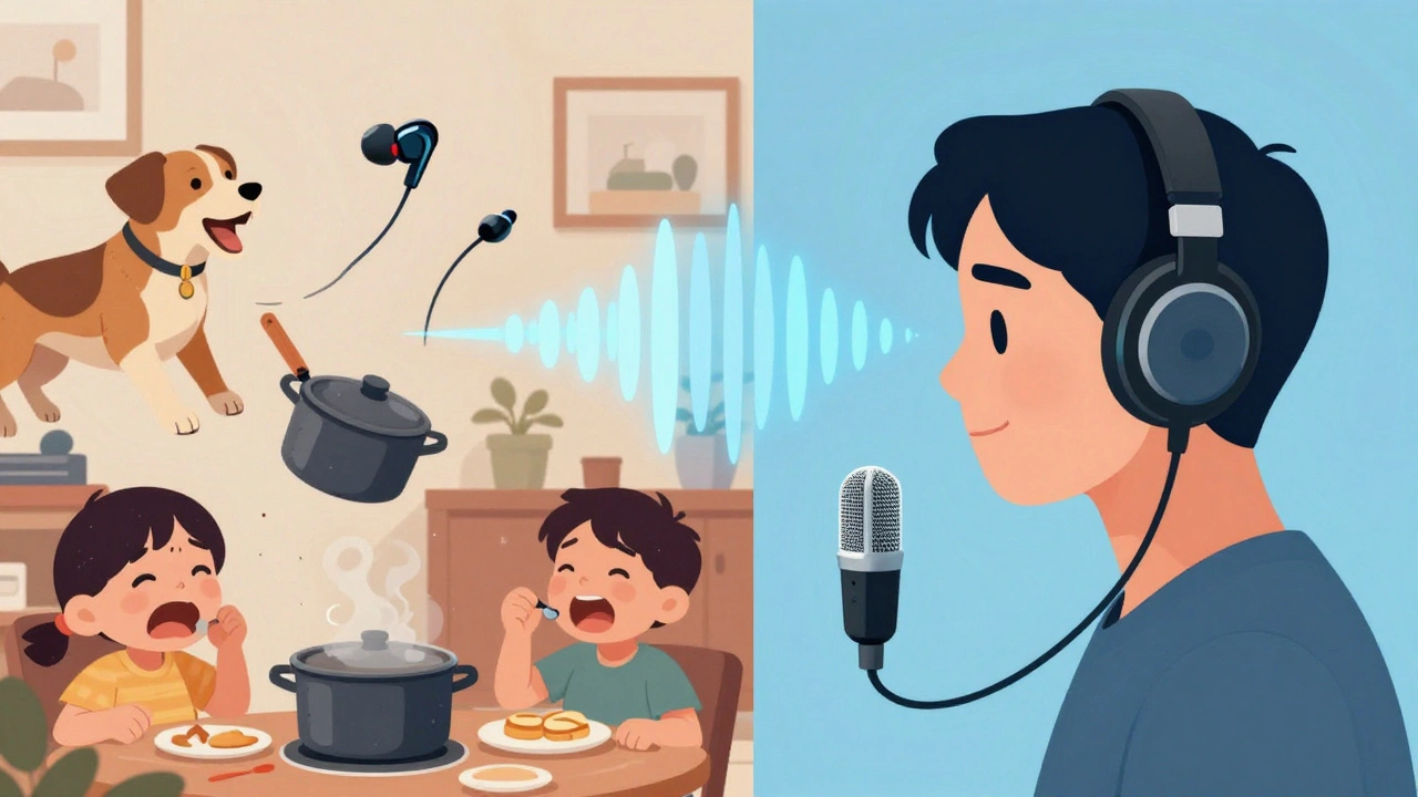 Porovnání šumného domácího prostředí s čistým audio výstupem – levná sluchátka proti profesionálnímu vybavení.