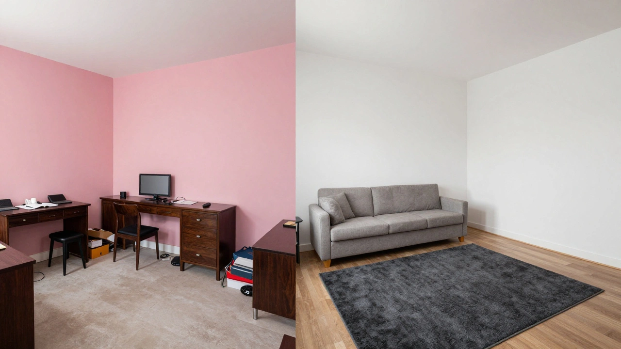 Před a po: kontrast mezi rušivou růžovou stěnou a harmonickým bílým interiérem s dubovým nábytkem.