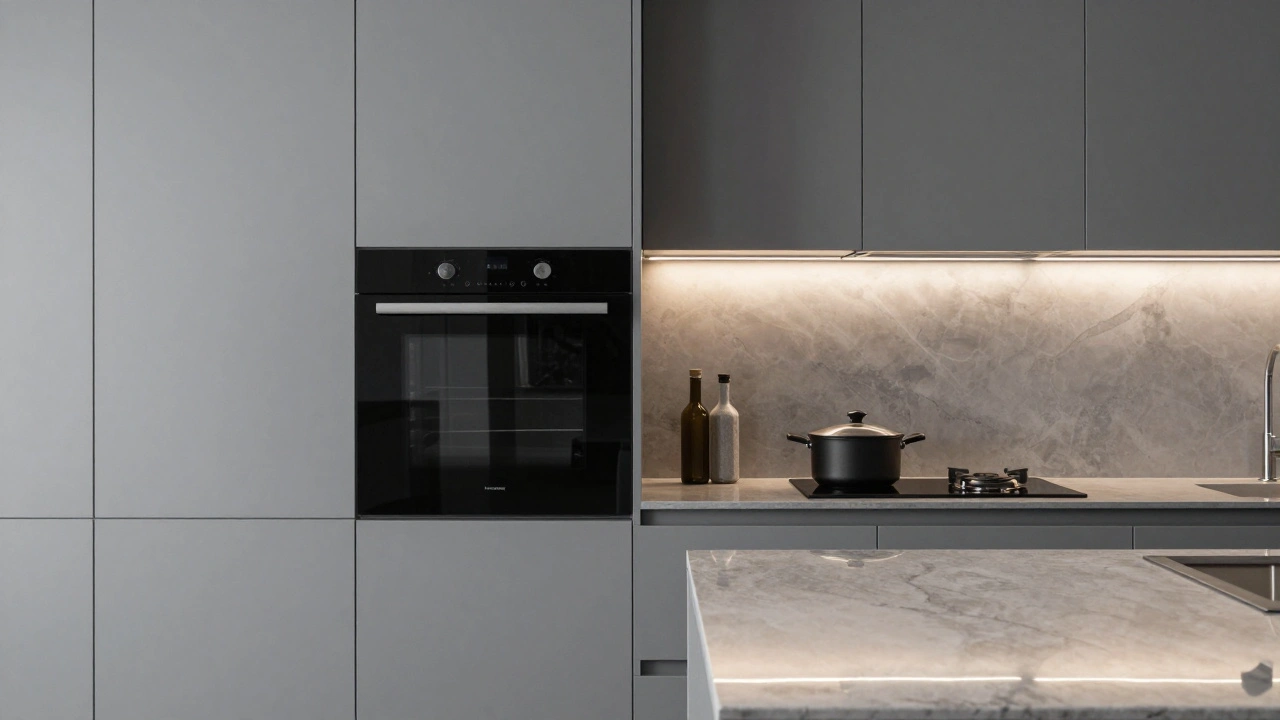 Premium kuchyně s skrytými spotřebiči a FreeInduction deskou, minimalistický design s odrazem v polévané desce.