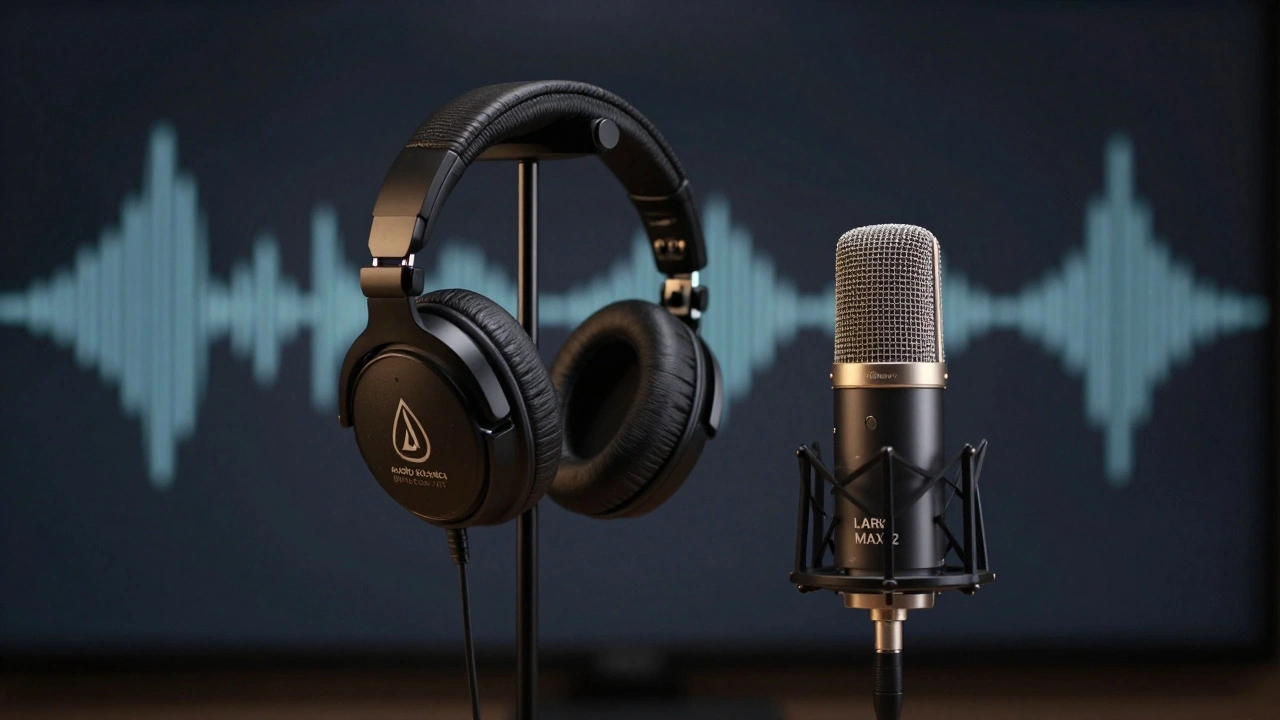 Profesionální hlavolová sluchátka a mikrofon na stojanu v minimalistickém prostředí, osvětlené jedním světlem.