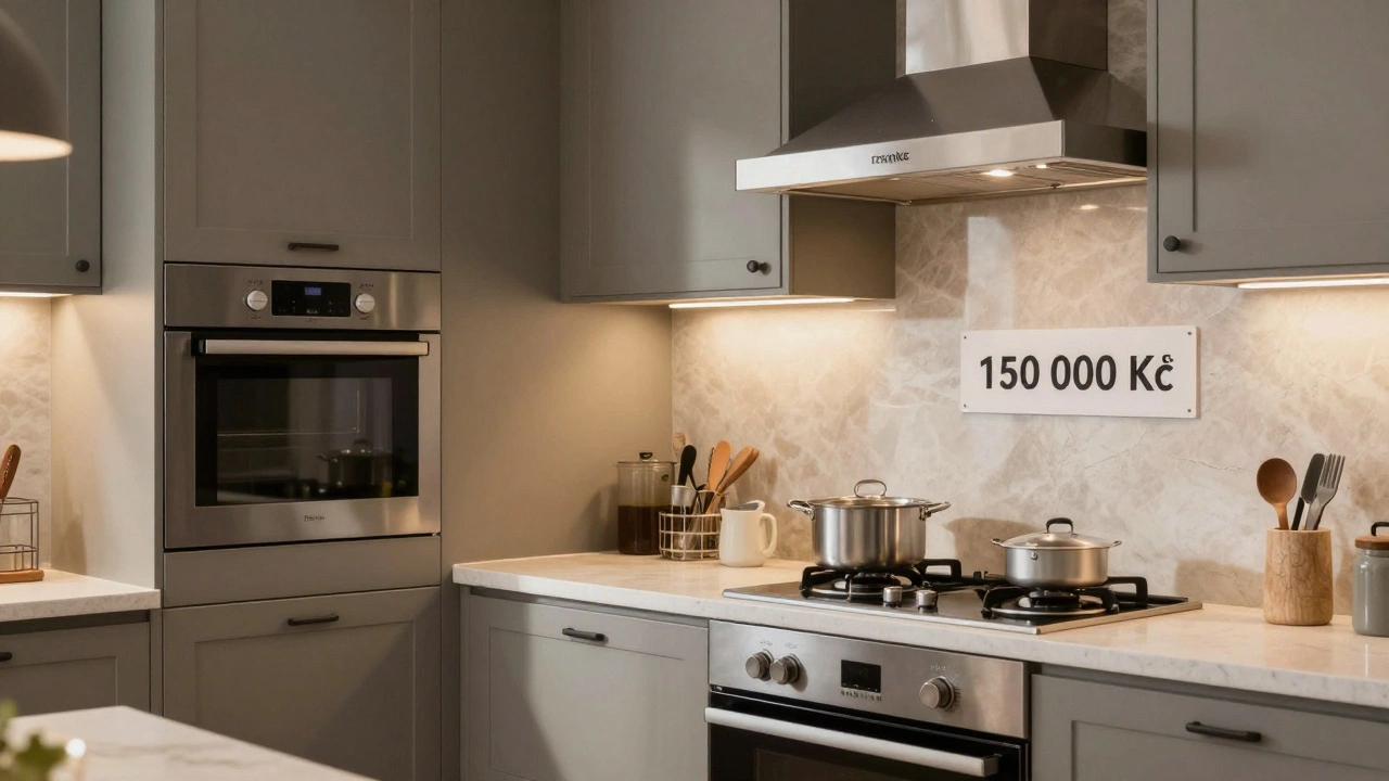 Rodina vaří v kuchyni s integrovanými spotřebiči a kámenovou deskou, staré skříně s novými rukojetmi.