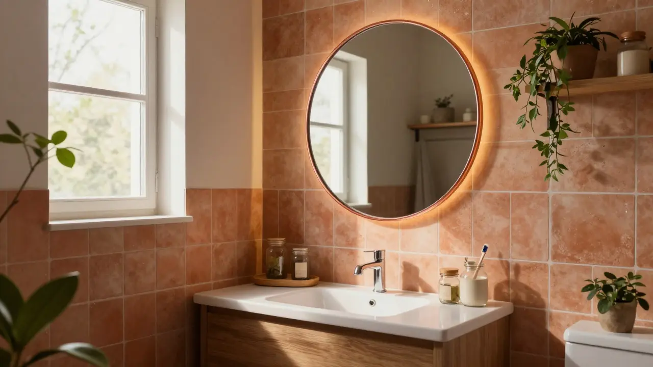 Round copper-framed mirror in Scandinavian-rustic bathroom with wooden shelves and natural light.
