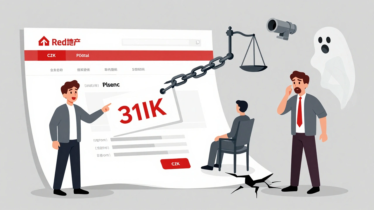 Rozdělená scéna: jedna strana ukazuje nízkou cenu nemovitosti, druhá strana ukazuje skryté náklady jako přízraky z dokumentu.