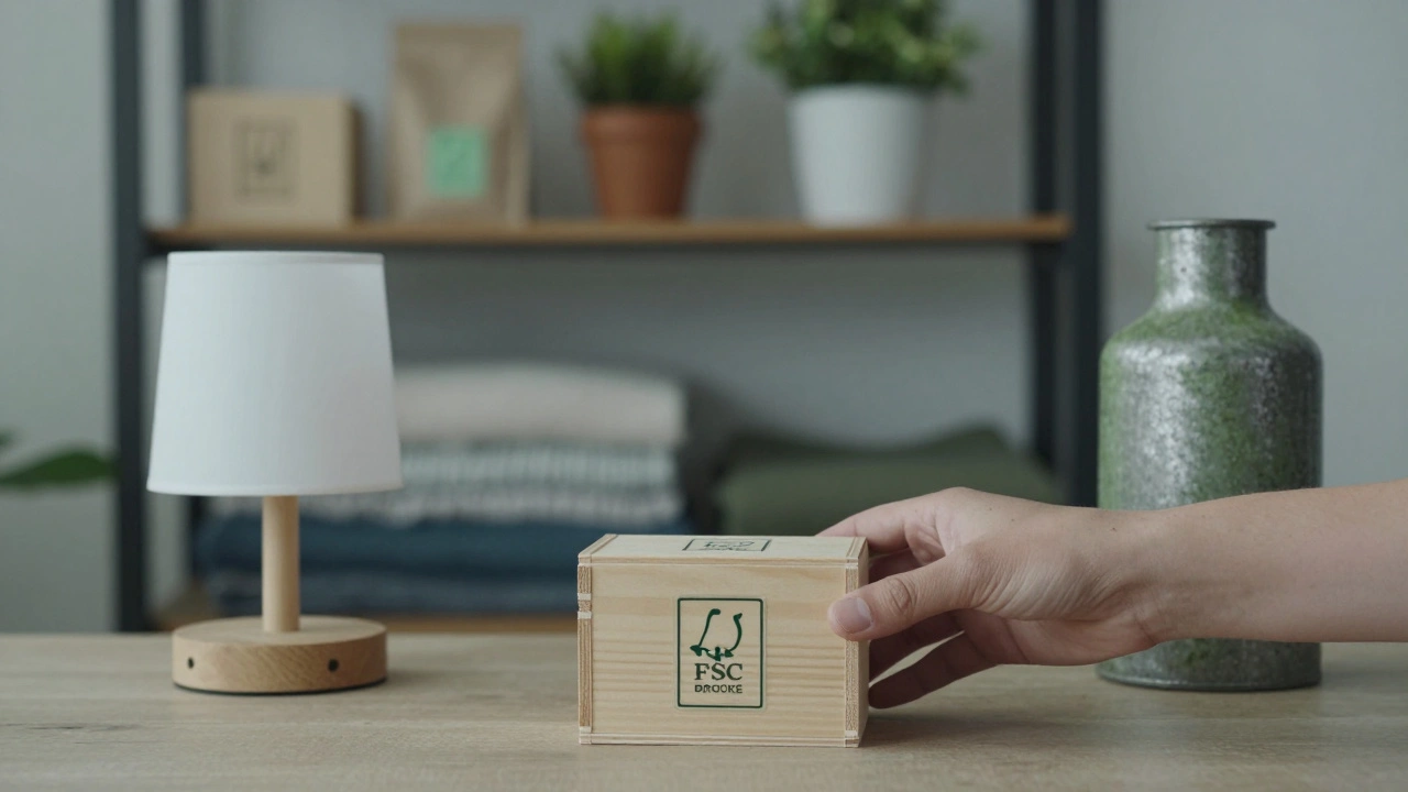 Ruce klade certifikovaný ekologický dřevěný box vedle lampy z recyklovaných materiálů, jemné osvětlení a přírodní textury.