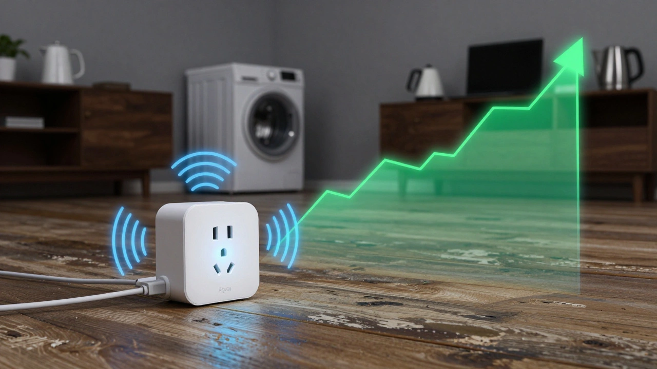 Síť chytrých zásuvek v domě s centrální bránou a grafem úspor energie v pozadí.