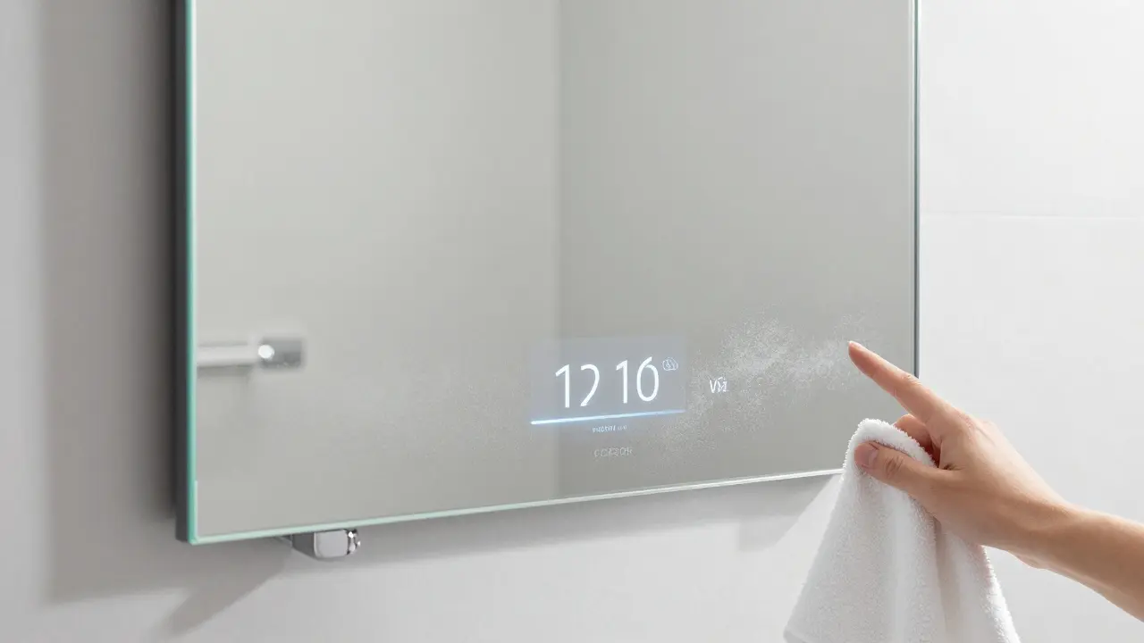 Smart mirror with digital display in minimalist bathroom, hand reaching toward it after shower.