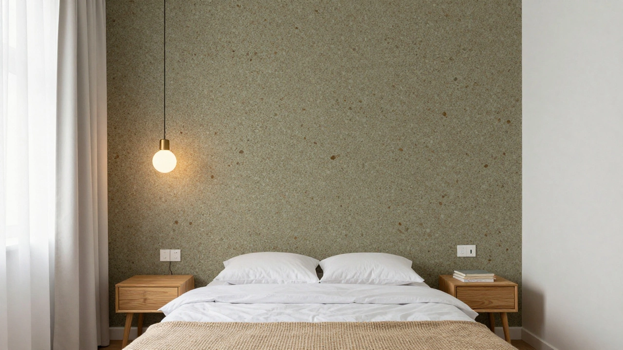 Terazzo tapeta za postelí v malém bytě s bílými záclonami a dřevěným podlahou.