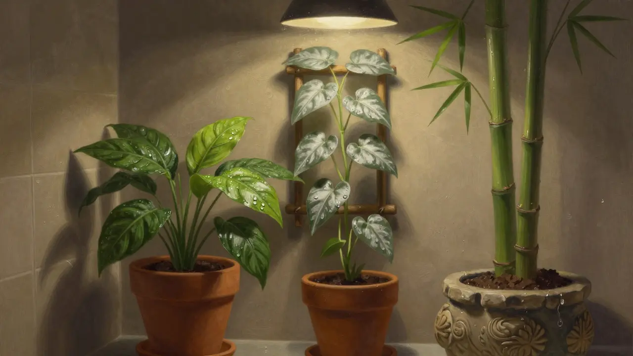 Tmavá koupelna bez okna s třemi odolnými rostlinami osvětlenými jemnou LED lampou.