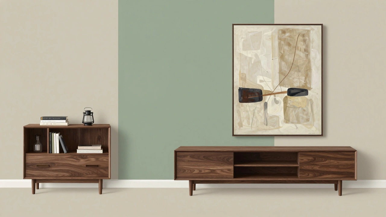 Tmavý ořechový nábytek na béžové stěně s akcentní olivově zelenou stěnou a přírodními doplňky.