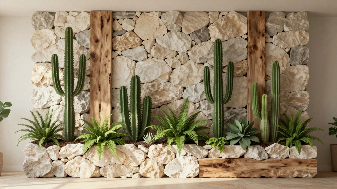 Živá zelená zeď s původními rostlinami a recyklovaným dřevem v interiéru, přirozené materiály a přírodní osvětlení.