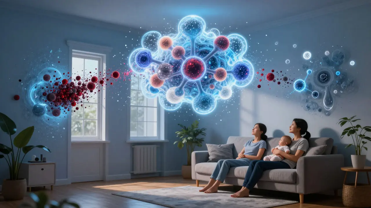 Abstraktní obraz škodlivých látek rozkládaných světlem na stěnách do neškodných složek.