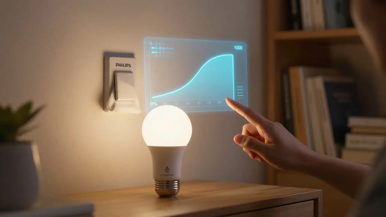 Chytrá LED žárovka ovládaná gestem s holografickým rozhraním v obývacím pokoji.