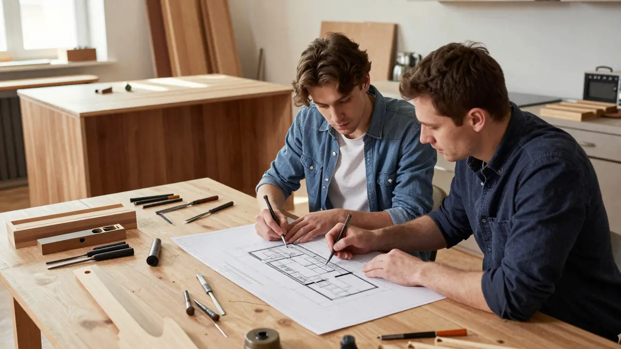 Designer a řemeslník společně navrhují kuchyňský ostrov podle přesných rozměrů bytu.