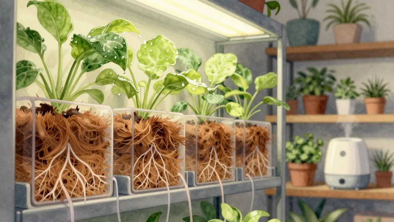 Detail živé stěny s viditelným hydroponickým systémem a kapkami vody na listech pod LED osvětlením.