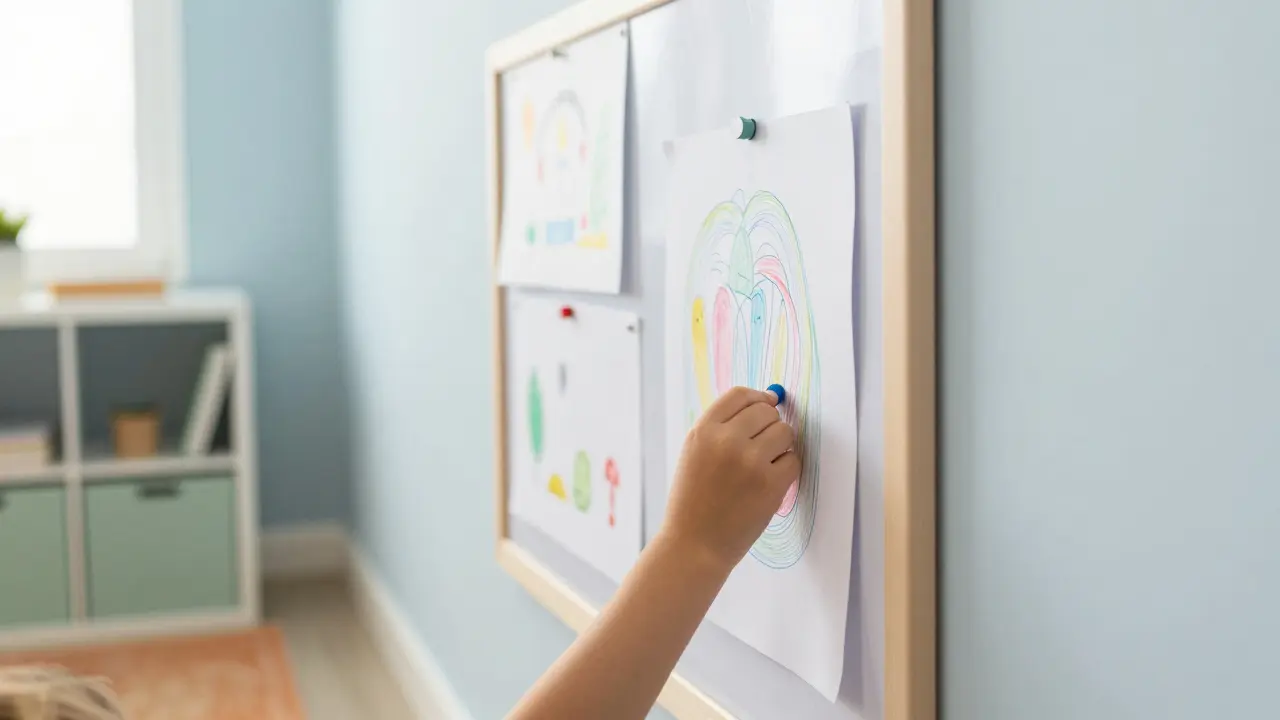 Dítě připevňuje kresbu na modrou stěnu s magnetickou deskou v klidném, osvětleném pokoji s pastelovými barvami.