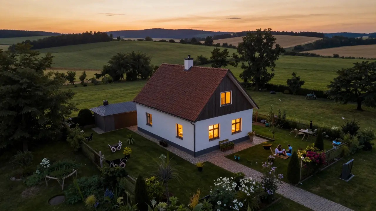 Dům v české krajině ve špatné hodině s rozsvícenými okny