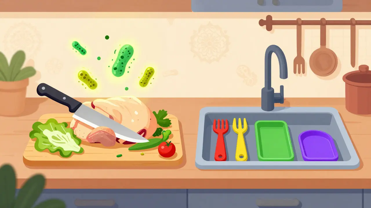 Dvě části kuchyně: vlevo křížová kontaminace s bakteriemi, vpravo správné barevné kódování zabrání infekci.