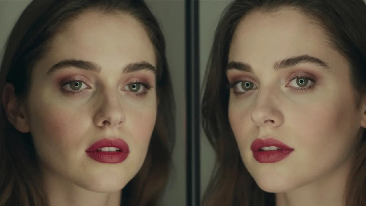 Dvě strany obličeje: jedna zkreslená červeným světlem, druhá přesně zobrazená pod přirozeným světlem.