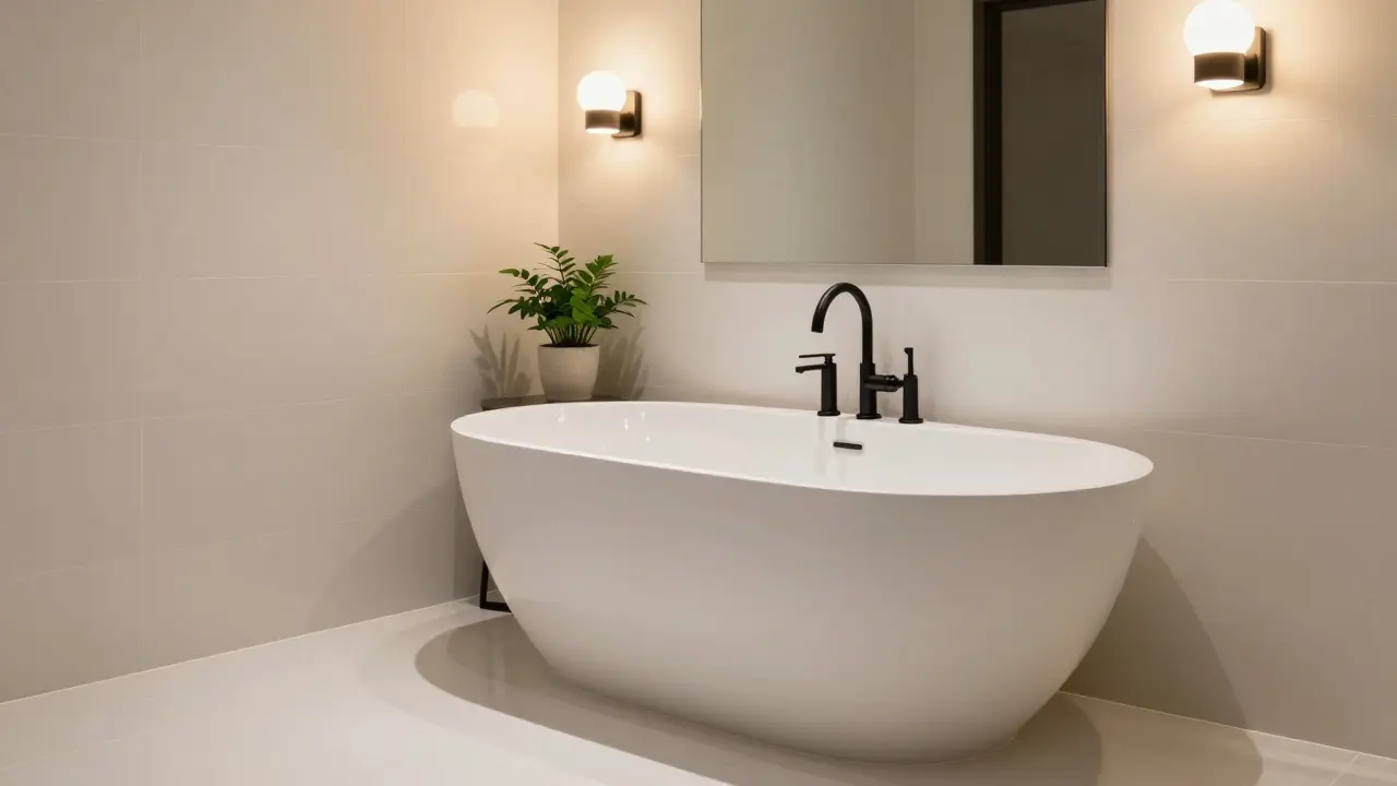 Koupelna s moderní koupelnou, čistými čarami a teplým osvětlením v luxusním, bezpečném prostředí.