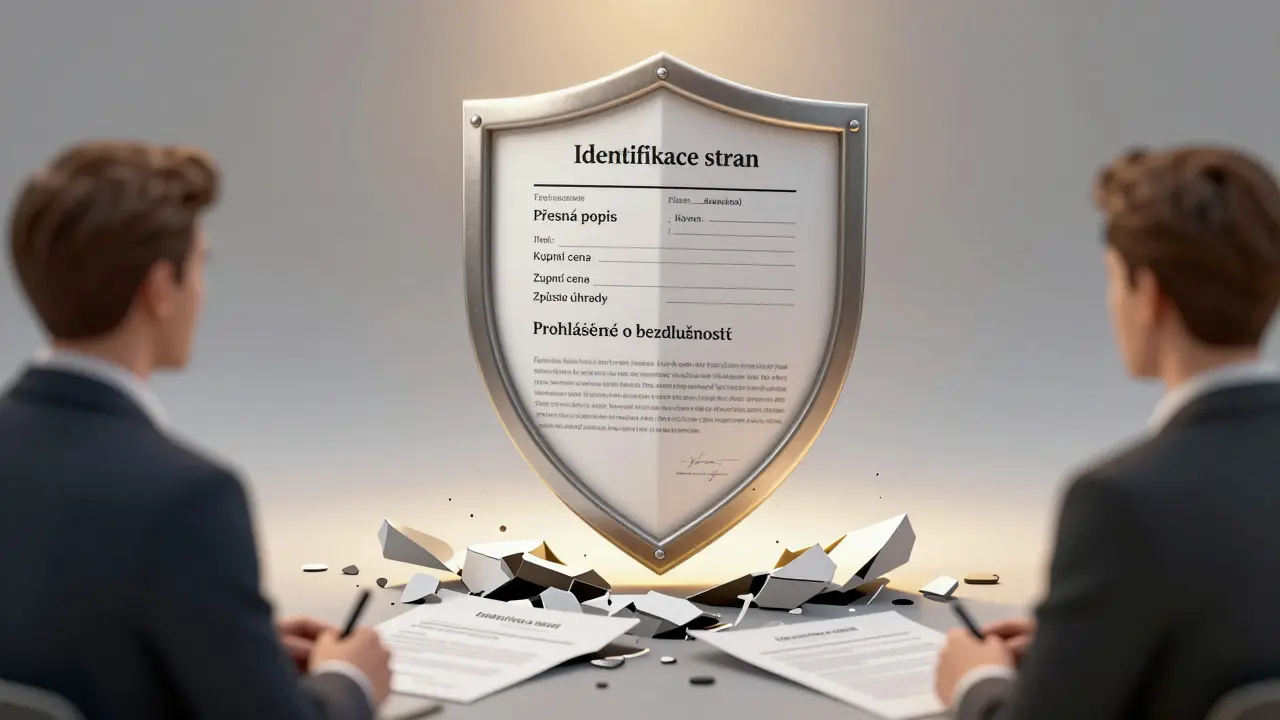 Kupní smlouva jako ochranný štít s klíčovými prvky mezi kupujícím a prodávajícím.