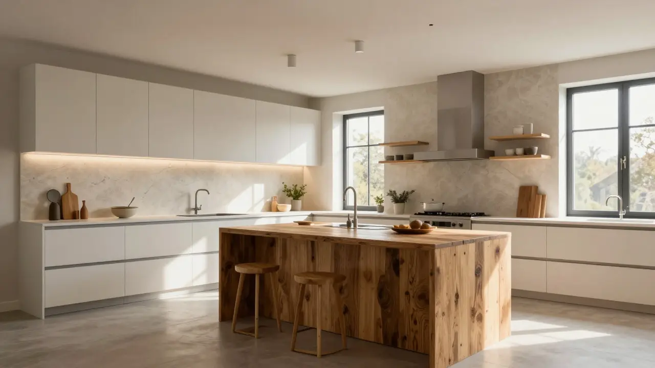 Luxusní kuchyň v roce 2026 s recyklovanými materiály a integrovanými spotřebiči.