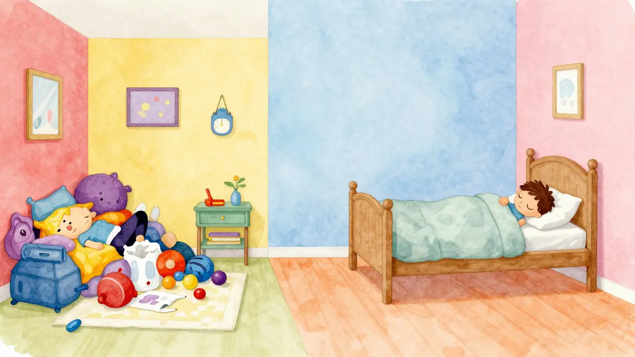 Porovnání dvou dětských pokojů: chaos barev vlevo a klidná pastelová zóna vpravo s dítětem ve spánku.
