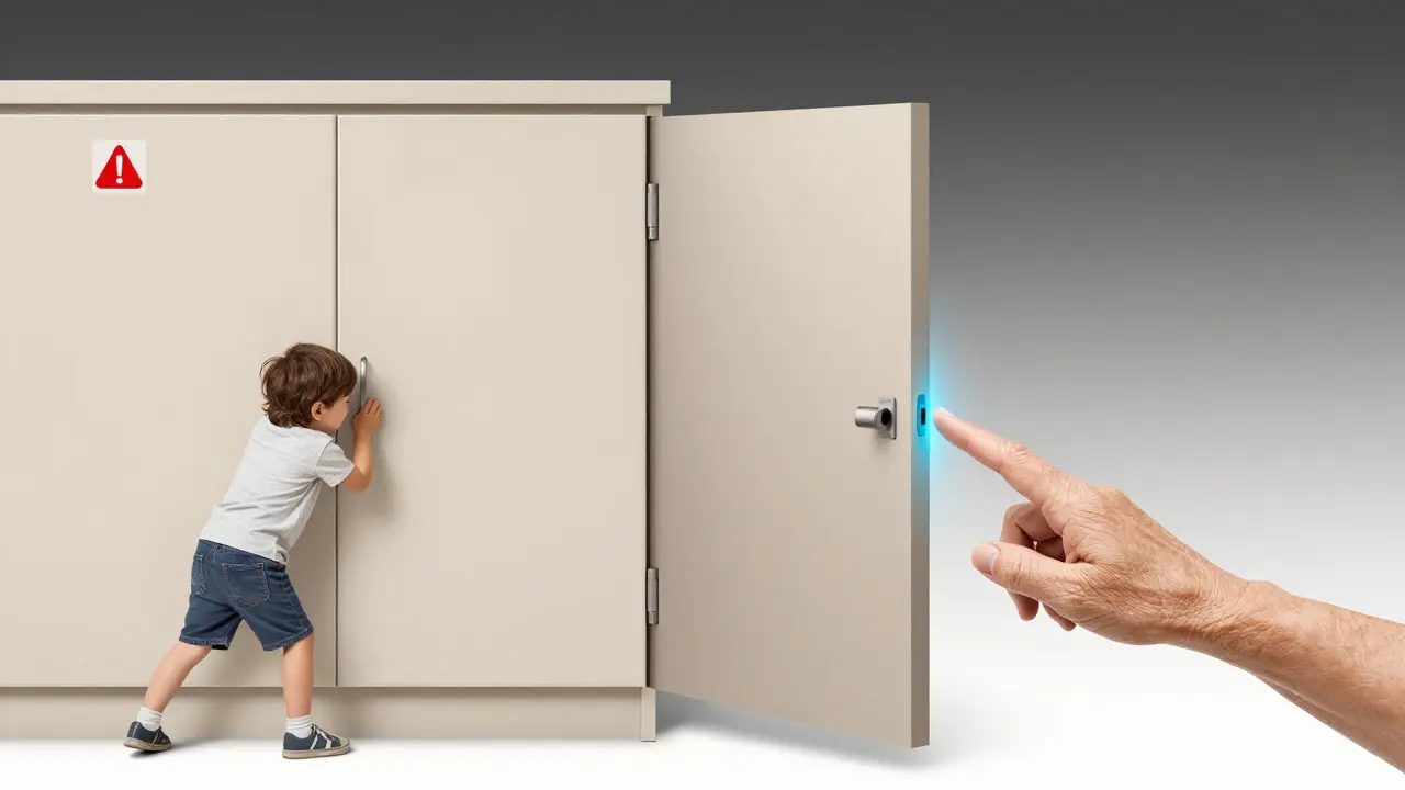 Porovnání: tradiční madlo s rizikem zranění vs. bezúchytkový systém s senzorem pro seniory.