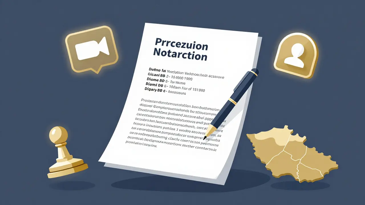 Právní dokument s přesným popisem nemovitosti je obklopen symboly digitálního ověření a notářského pečeťování.