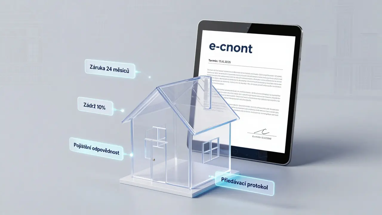 Průhledný dům s digitálními prvky smlouvy jako holografickými štítky.