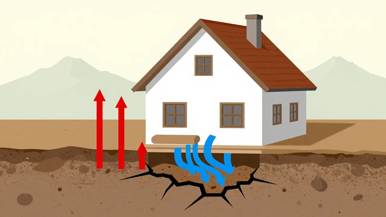 Průřez domu s červenými šipkami radonu a modrými větracími systémy pod podlahou.