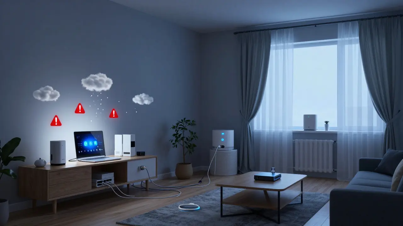 Rozdělený vnitřek domu: levá strana s nefunkčními cloudovými zařízeními, pravá strana s bezproblémovým lokálním systémem.