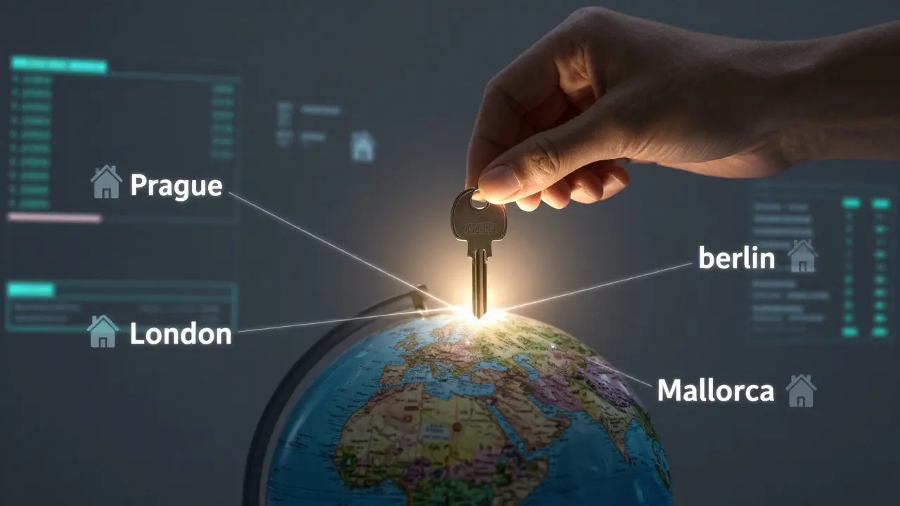 Ruka klade klíč na globus, který je propojen digitálními linkami s místy po celém světě, symbolizující dálkovou koupi nemovitosti.