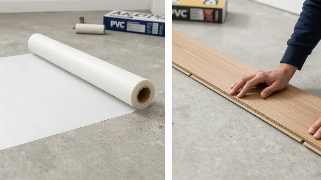 Side-by-side installation of PVC roll versus vinyl click planks in a rental apartment setting.