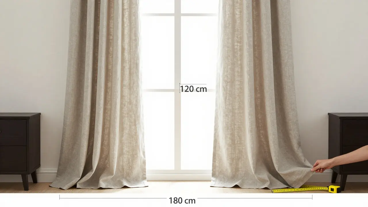 Široké závěsy s jemnými záhyby přes okno, měřící 180 cm pro 120 cm široké okno, s měřítkem na pozadí.